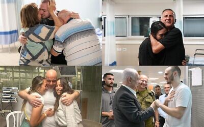 Israeli hostages pictured reuniting with family after their rescue from Hamas captivity in Gaza on June 8, 2024. Top L-R: Almog Meir Jan with his family, Noa Argamani with her father. (Israel Defense Forces) Bottom L-R: Shlomo Ziv reunites with his sister and cousin (Hostages and Missing Families Forum), Andrey Kozlov meets Prime Minister Benjamin Netanyahu. (Maayan Toaf / GPO)
