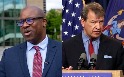 Composite photo: Rep. Jamaal Bowman (left), a New York Democrat at a campaign stop in White Plains, New York, on June 11, 2024. (AP Photo/Ted Shaffrey); Westchester County Executive George Latimer speaks in White Plains, New York, March 20, 2023. (Tania Savanna/The Journal News via AP)
