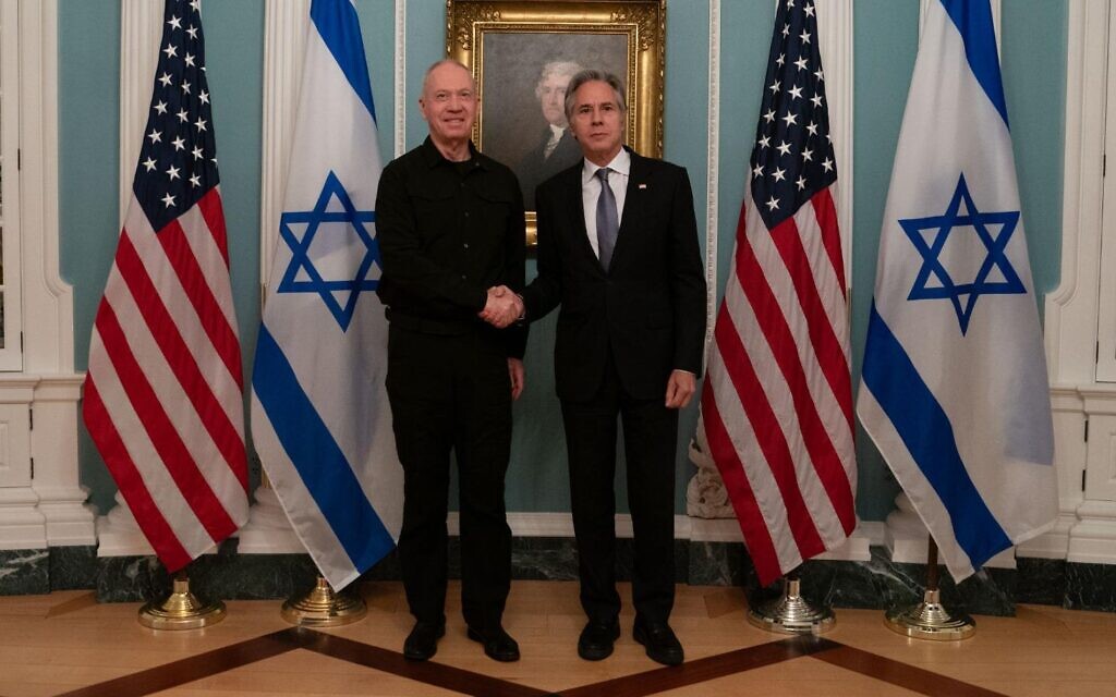 This handout photo shows Defense Minister Yoav Gallant (left) meeting with US Secretary of State Antony Blinken at the State Department in Washington, June 24, 2024. (Ariel Hermoni/Defense Ministry)