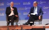 National Security Adviser Tzachi Hanegbi (L) speaks during the Herzliya Conference, June 24, 2024. (Ronen Topelberg)