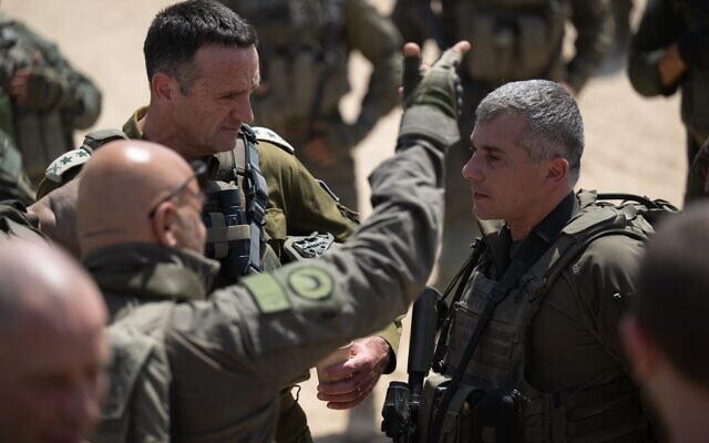 IDF chief Lt. Gen. Herzi Halevi (left) meets with soldiers in Deir al Balah in the central Gaza Strip on June 9, 2024. (IDF)
