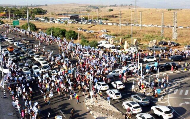 This handout photo shows protesters blocking the Amiad Junction in the Upper Galilee on June 29, 2024. (Israeli Pro-Democracy Protest Movement/Nir Dafna) This handout photo shows protesters blocking the Amiad Junction in the Upper Galilee on June 29, 2024. (Israeli Pro-Democracy Protest Movement/Nir Dafna)