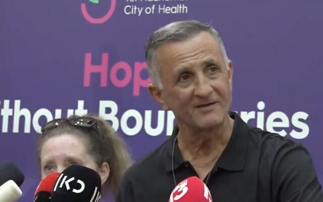 Yaakov Argamani, the father of Noa, rescued from Gaza in a military operation, gives a statement at Sheba Hospital on June 8, 2024 (Screen grab/Channel 12)