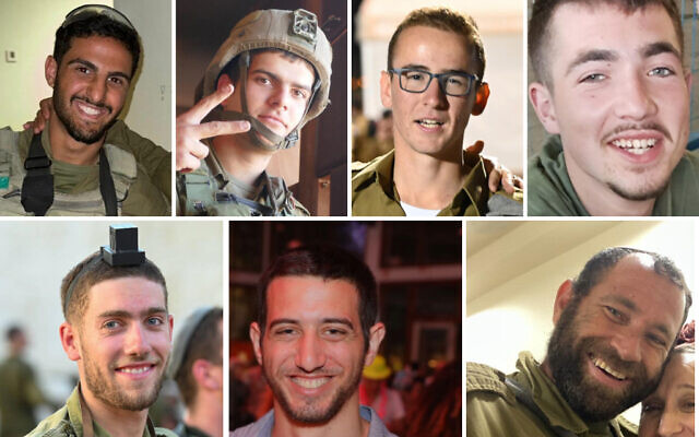 Seven of the soldiers killed in fighting in Gaza on June 15, 2024. From left, top row: Sgt. Itay Amar, Sgt. Stanislav Kostarev, Sgt. Or Blumovitz, Sgt. Oz Yeshaya Gruber,
Bottom row: Sgt. Eliyahu Moshe Zimbalist, Cpt. (res.) Eitan Koplovich, Warrant Officer (res.) Elon Weiss. (Courtesy) Seven of the soldiers killed in fighting in Gaza on June 15, 2024. From left, top row: Sgt. Itay Amar, Sgt. Stanislav Kostarev, Sgt. Or Blumovitz, Sgt. Oz Yeshaya Gruber,
Bottom row: Sgt. Eliyahu Moshe Zimbalist, Cpt. (res.) Eitan Koplovich, Warrant Officer (res.) Elon Weiss. (Courtesy)