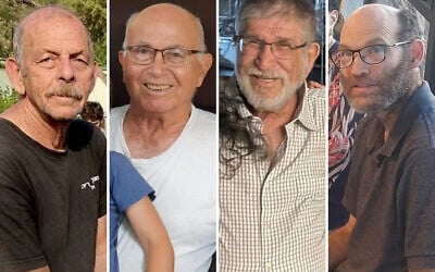 Chaim Peri, Amiram Cooper, Yoram Metzger and Nadav Popplewell (from L to R), whose deaths in Hamas captivity were confirmed by Israel on June 3, 2024. (Courtesy) Chaim Peri, Amiram Cooper, Yoram Metzger and Nadav Popplewell (from L to R), whose deaths in Hamas captivity were confirmed by Israel on June 3, 2024. (Courtesy)