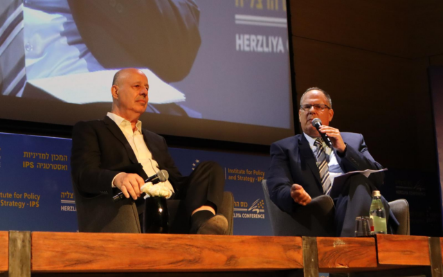 National Security Adviser Tzachi Hanegbi (L) speaks during the Herzliya Conference, June 24, 2024. (Ariela Lopez/The Times of Israel) National Security Adviser Tzachi Hanegbi (L) speaks during the Herzliya Conference, June 24, 2024. (Ariela Lopez/The Times of Israel)