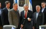 Prime Minister Benjamin Netanyahu (center) speaks with a visiting delegation of US former generals and admirals, Jerusalem, June 27, 2024. (Maayan Toaf/GPO)