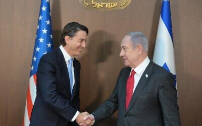 Prime Minister Benjamin Netanyahu, right, meets with US Special Envoy Amos Hochstein in Jerusalem, June 17, 2024. (Amos Ben Gershom/GPO)