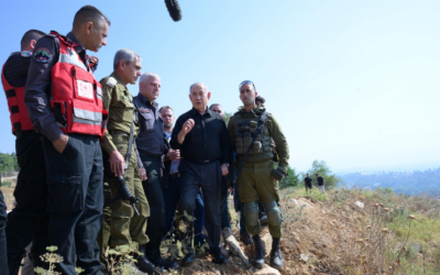 Prime Minister Benjamin Netanyahu (second right) visits Kiryat Shmona on the border with Lebanon, June 5, 2024. (Amos Ben Gershom/GPO)