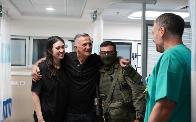 Noa Argamani is embraced by her father, Yaakov, at Sheba Medical Center after being rescued from Hamas captivity in Gaza, June 8, 2024. (IDF Spokesperson's Unit) Noa Argamani is embraced by her father, Yaakov, at Sheba Medical Center after being rescued from Hamas captivity in Gaza, June 8, 2024. (IDF Spokesperson's Unit)