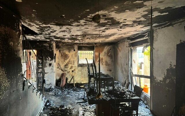 The aftermath of a fire in a home in the West Bank settlement of Kochav Yaakov, caused by an electric bicycle battery, June 30, 2024 (Fire and Rescue Services) The aftermath of a fire in a home in the West Bank settlement of Kochav Yaakov, caused by an electric bicycle battery, June 30, 2024 (Fire and Rescue Services)