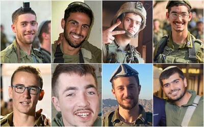 Eight Israeli soldiers killed in a blast in southern Gaza's Rafah on June 15, 2024: L-R top: Sgt. Eliyahu Moshe Zimbalist, Sgt. Itay Amar, Staff Sgt. Stanislav Kostarev,  Sgt. Shalom Menachem; bottom: Staff Sgt. Or Blumovitz, Staff Sgt. Oz Yeshaya Gruber, Cpt. Wassem Mahmoud, Sgt. Yakir Ya’akov Levi