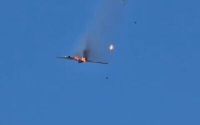 An IDF Hermes 900 drone is seen crashing in southern Lebanon after being hit by a Hezbollah surface-to-air missile, June 1, 2024. (Screenshot: X)