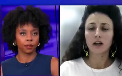 Briahna Joy Gray rolls her eyes after Yarden Gonen, sister of Romy Gonen who is held hostage in Gaza, tells her to "believe women," in an interview on June 5, 2024. (The Hill screenshot: used in accordance with Clause 27a of the Copyright Law)