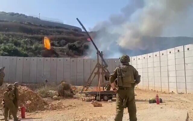 IDF troops use a trebuchet to launch an incendiary device over the border into Lebanon, in a video circulated on June 13, 2024. (Screenshot) IDF troops use a trebuchet to launch an incendiary device over the border into Lebanon, in a video circulated on June 13, 2024. (Screenshot)