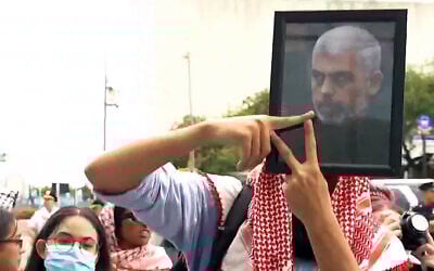 Illustrative - An anti-Israel protester carries a portrait of Hamas's leader in Gaza Yahya Sinwar, at a rally at Hunter College in New York City, on June 23, 2024. (X screenshot: used in accordance with Clause 27a of the Copyright Law)