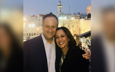 Then-US senator Kamala Harris and Douglas Emhoff pose near the Western Wall, Jerusalem, November 2017. (Halie Soifer via JTA)