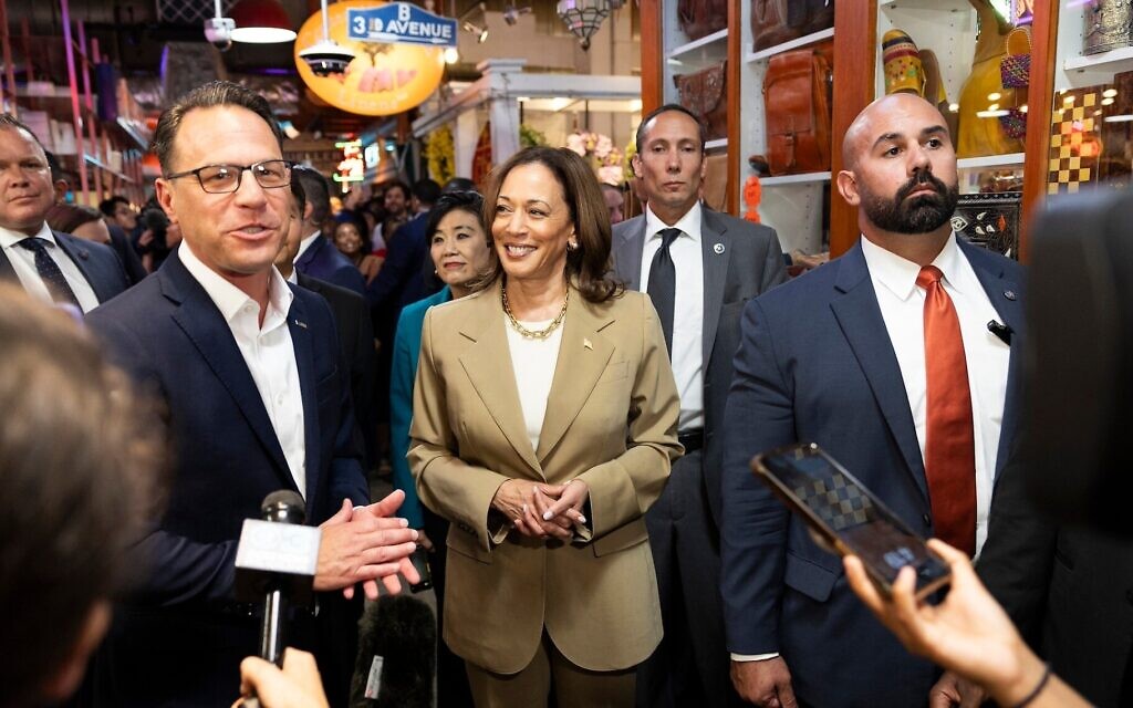 US Vice President Kamala Harris and Pennsylvania Governor Josh Shapiro, left, speak to the press while making a stop at the Reading Terminal Market in Philadelphia, Pennsylvania, July 13, 2024. (Ryan Collerd/AFP via Getty Images via JTA) US Vice President Kamala Harris and Pennsylvania Governor Josh Shapiro, left, speak to the press while making a stop at the Reading Terminal Market in Philadelphia, Pennsylvania, July 13, 2024. (Ryan Collerd/AFP via Getty Images via JTA)