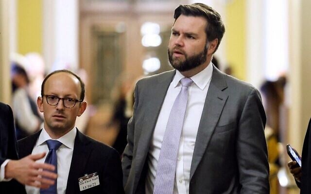 Jacob Reses, left, accompanies JD Vance to a meeting with Senate Republicans at the US Capitol in Washington, DC, on November 16, 2022. (Anna Moneymaker/Getty Images/ via JTA)