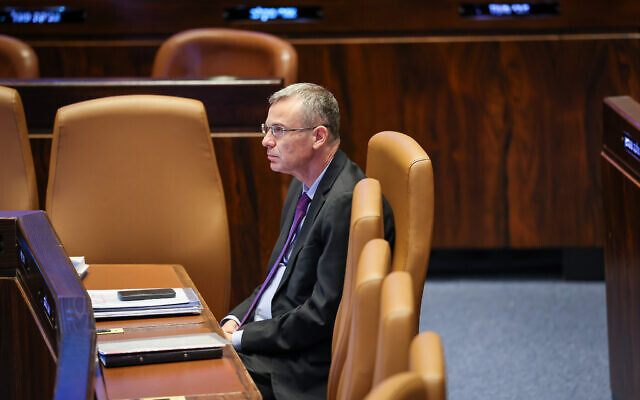 Justice Minister Yariv Levin in the Knesset plenum, July 24, 2024. (Noam Moskowitz/ Office of the Knesset Spokesperson)