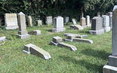 Gravestones vandalized at a Jewish cemetery in Cincinnati, Ohio, July 1, 2024. (Courtesy of Cincy Jewfolk via JTA)