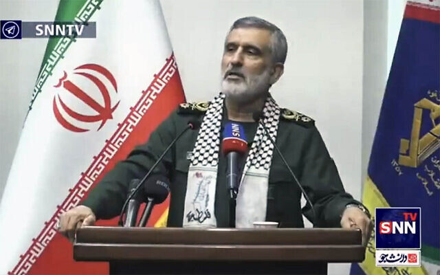 Screen capture from video of Islamic Revolutionary Guard Corps Aerospace Force Brigadier General Amir Ali Hajizadeh, July 1, 2024. (X. Used in accordance with Clause 27a of the Copyright Law) Screen capture from video of Islamic Revolutionary Guard Corps Aerospace Force Brigadier General Amir Ali Hajizadeh, July 1, 2024. (X. Used in accordance with Clause 27a of the Copyright Law)