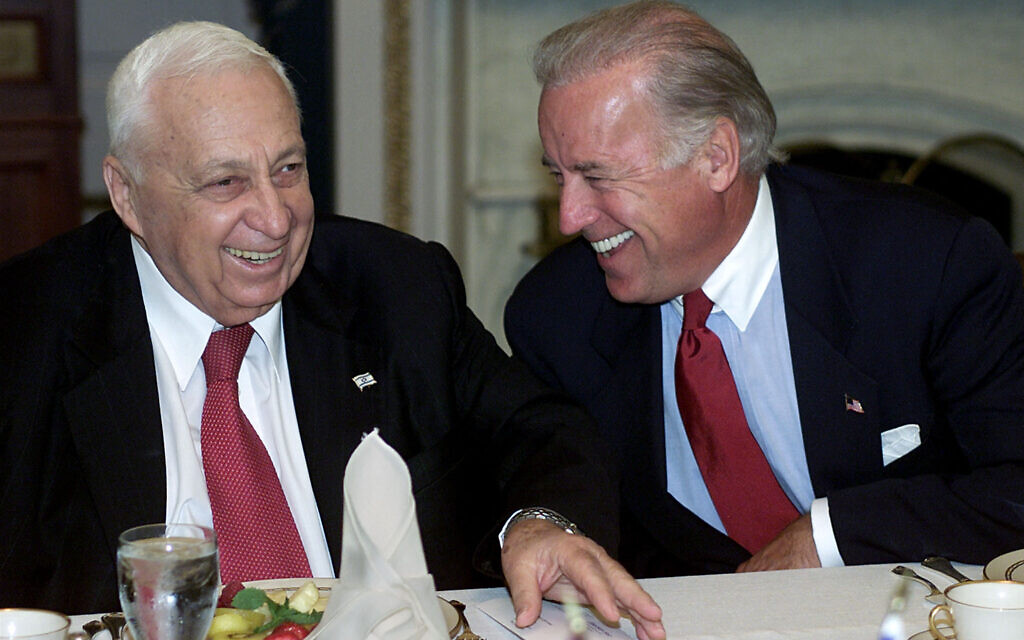 Prime Minister Ariel Sharon (L) laughs with Chairman of the Senate Foreign Relations Committee, Senator Joe Biden (R), during a meeting at the US Capitol, June 11, 2002. (STEPHEN JAFFE / AFP) Prime Minister Ariel Sharon (L) laughs with Chairman of the Senate Foreign Relations Committee, Senator Joe Biden (R), during a meeting at the US Capitol, June 11, 2002. (STEPHEN JAFFE / AFP)
