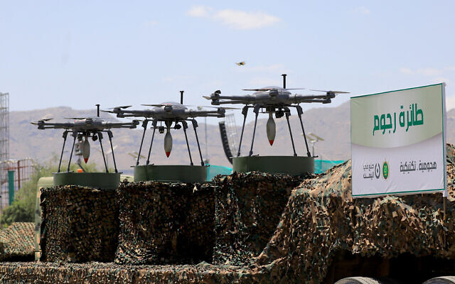 Drones are displayed on the back of a vehicle during an official military parade marking the ninth anniversary of the Houthi takeover of the capital, Sanaa, on September 21, 2023. (Mohammed Huwais/ AFP) Drones are displayed on the back of a vehicle during an official military parade marking the ninth anniversary of the Houthi takeover of the capital, Sanaa, on September 21, 2023. (Mohammed Huwais/ AFP)