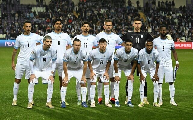 Israeli players are seen prior to the start of the UEFA EURO 2024 qualifier play-off semi-final football match Israel v Iceland at the Szusza Ferenc Stadium in Budapest, Hungary on March 21, 2024. (Attila Kisbenedik / AFP) Israeli players are seen prior to the start of the UEFA EURO 2024 qualifier play-off semi-final football match Israel v Iceland at the Szusza Ferenc Stadium in Budapest, Hungary on March 21, 2024. (Attila Kisbenedik / AFP)