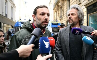 French Members of Parliament for La France Insoumise (LFI) parliamentary group, Thomas Portes (L) and Aymeric Caron talk to the press near the entrance of the Institute of Political Studies (Sciences Po Paris) during an anti-Israel student protest, in Paris on May 3, 2024. (Miguel Medina/AFP)