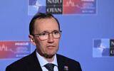 Norwegian Minister of Foreign Affairs Espen Barth Eide talks to media as he arrives to attend an informal meeting of NATO Ministers of Foreign Affairs at Czernin Palace in Prague, Czech Republic on May 31, 2024. (Michal Cizek / AFP)