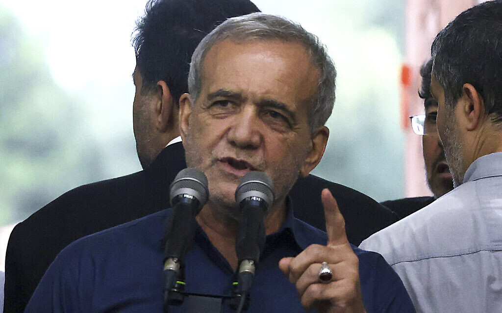 Newly elected Iranian President Masoud Pezeshkian speaks during a visit to the shrine of the Islamic Republic's founder Ayatollah Ruhollah Khomeini in Tehran, Iran, on July 6, 2024. (Atta Kenare/AFP) Newly elected Iranian President Masoud Pezeshkian speaks during a visit to the shrine of the Islamic Republic's founder Ayatollah Ruhollah Khomeini in Tehran, Iran, on July 6, 2024. (Atta Kenare/AFP)