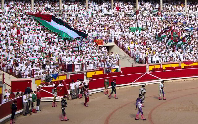 Members of 'penas' (festive groups) unfold a Palestinian flag on the sun section of the bullring at the begining of the fifth bullfight of the San Fermin festival in Pamplona, northern Spain, on July 11, 2024. (Ander Gillenea / AFP)