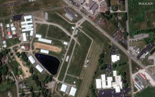 This handout archive satellite image released by Maxar Technologies shows an overview of Butler Farm Show Inc. in Butler, Pennsylvania, on July 2, 2023 where former US President and Republican presidential candidate Donald Trump held a rally on July 13, 2024. (Satellite image ©2024 Maxar Technologies / AFP) This handout archive satellite image released by Maxar Technologies shows an overview of Butler Farm Show Inc. in Butler, Pennsylvania, on July 2, 2023 where former US President and Republican presidential candidate Donald Trump held a rally on July 13, 2024. (Satellite image ©2024 Maxar Technologies / AFP)