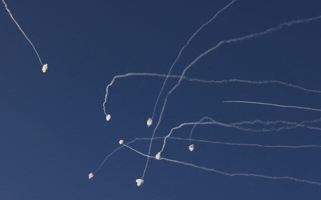 Rockets fired from southern Lebanon are intercepted by Israel's Iron Dome air defence system over the Upper Galilee region in northern Israel, on July 16, 2024 (Photo by Menahem KAHANA / AFP) Rockets fired from southern Lebanon are intercepted by Israel's Iron Dome air defence system over the Upper Galilee region in northern Israel, on July 16, 2024 (Photo by Menahem KAHANA / AFP)