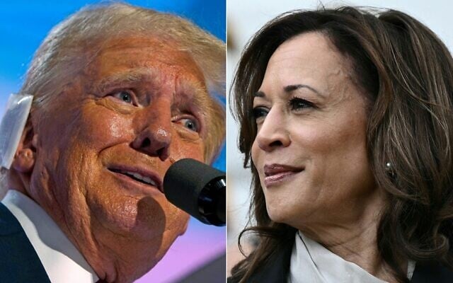 Illustrative: Former US President Donald Trump in Milwaukee, Wisconsin, on July 18, 2024 and US Vice President Kamala Harris on the South Lawn of the White House in Washington, DC on July 22, 2024. (Nick Oxford and Brendan SMIALOWSKI / AFP) Illustrative: Former US President Donald Trump in Milwaukee, Wisconsin, on July 18, 2024 and US Vice President Kamala Harris on the South Lawn of the White House in Washington, DC on July 22, 2024. (Nick Oxford and Brendan SMIALOWSKI / AFP)