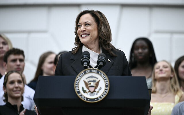 US Vice President Kamala Harris speaks during an event honoring National Collegiate Athletic Association (NCAA) championship teams from the 2023-2024 season, on the South Lawn of the White House in Washington, DC, on July 22, 2024. (Brendan SMIALOWSKI / AFP) US Vice President Kamala Harris speaks during an event honoring National Collegiate Athletic Association (NCAA) championship teams from the 2023-2024 season, on the South Lawn of the White House in Washington, DC, on July 22, 2024. (Brendan SMIALOWSKI / AFP)