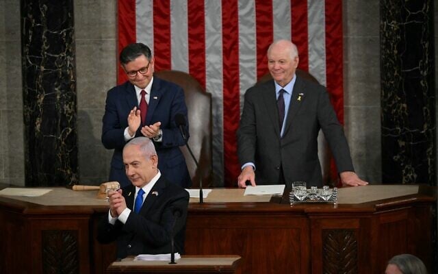 Prime Minister Benjamin Netanyahu acknowledges applause before addressing a joint meeting of Congress at the US Capitol on July 24, 2024 in Washington, DC. (Photo by Drew ANGERER / AFP) Prime Minister Benjamin Netanyahu acknowledges applause before addressing a joint meeting of Congress at the US Capitol on July 24, 2024 in Washington, DC. (Photo by Drew ANGERER / AFP)