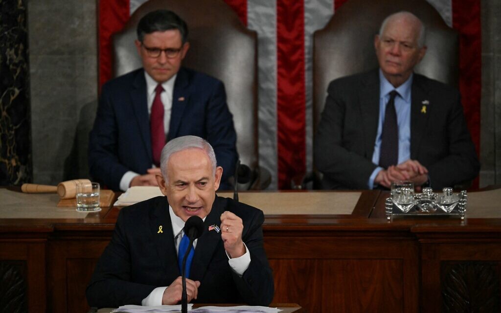 Prime Minister Benjamin Netanyahu addresses a joint meeting of Congress at the US Capitol on July 24, 2024, in Washington, DC. (Drew Angerer/AFP) Prime Minister Benjamin Netanyahu addresses a joint meeting of Congress at the US Capitol on July 24, 2024, in Washington, DC. (Drew Angerer/AFP)
