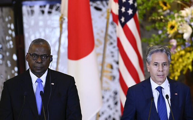 US Secretary of Defense Lloyd Austin (left) and US Secretary of State Antony Blinken attend a press conference at the Iikura Guest House in Tokyo on July 28, 2024. (David Mareuil / POOL / AFP) US Secretary of Defense Lloyd Austin (left) and US Secretary of State Antony Blinken attend a press conference at the Iikura Guest House in Tokyo on July 28, 2024. (David Mareuil / POOL / AFP)