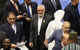 Ismael Haniyeh, the late leader of Palestinian terror group Hamas, arrives for the inauguration of the new Iranian President at the parliament in Tehran, Iran, on July 30, 2024. (AFP)
