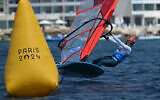 Israel's Sharon Kantor competes in the marathon race of the women's IQFoil windsurfing event during the Paris 2024 Olympic Games at the Roucas-Blanc Marina in Marseille, July 31, 2024. (Nicolas Tucat/AFP)