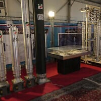 Iran's domestically built centrifuges are displayed in an exhibition of the country's nuclear achievements, in Tehran, Iran, February 8, 2023. (AP Photo/Vahid Salemi)
