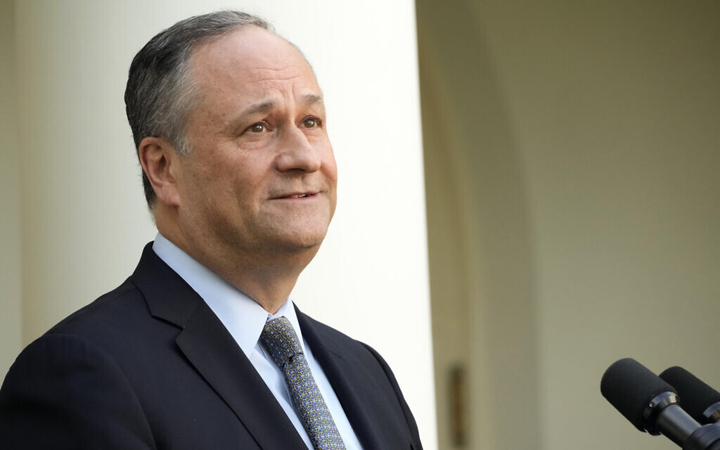 Second gentleman Doug Emhoff speaks during a Jewish American Heritage Month event, in the Rose Garden of the White House in Washington, May 20, 2024. (Jacquelyn Martin/AP) Second gentleman Doug Emhoff speaks during a Jewish American Heritage Month event, in the Rose Garden of the White House in Washington, May 20, 2024. (Jacquelyn Martin/AP)