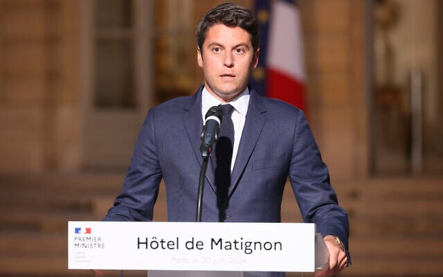 Then-French Prime Minister Gabriel Attal delivers a speech in the courtyard of the Prime Minister's Residence in Paris, France, on June 30, 2024. (AP Photo/Thomas Padilla)