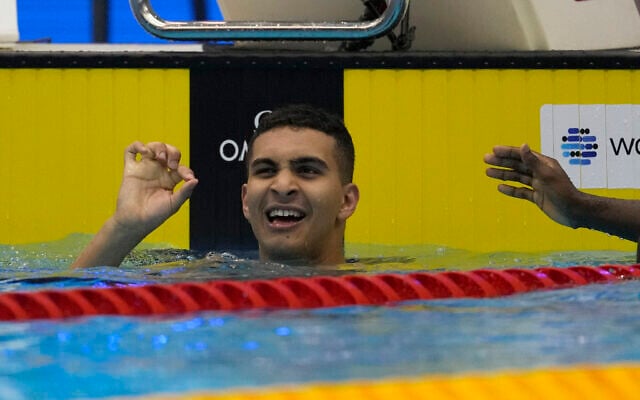 Palestinian swimmer Yazan Al Bawwab reacts during the men's 100m freestyle heats at the World Swimming Championships in Fukuoka, Japan, Wednesday, July 26, 2023. (AP Photo/Lee Jin-man, File) Palestinian swimmer Yazan Al Bawwab reacts during the men's 100m freestyle heats at the World Swimming Championships in Fukuoka, Japan, Wednesday, July 26, 2023. (AP Photo/Lee Jin-man, File)