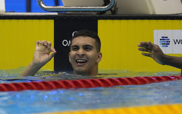 Palestinian swimmer Yazan Al Bawwab reacts during the men's 100m freestyle heats at the World Swimming Championships in Fukuoka, Japan, July 26, 2023. (Lee Jin-man/AP) Palestinian swimmer Yazan Al Bawwab reacts during the men's 100m freestyle heats at the World Swimming Championships in Fukuoka, Japan, July 26, 2023. (Lee Jin-man/AP)