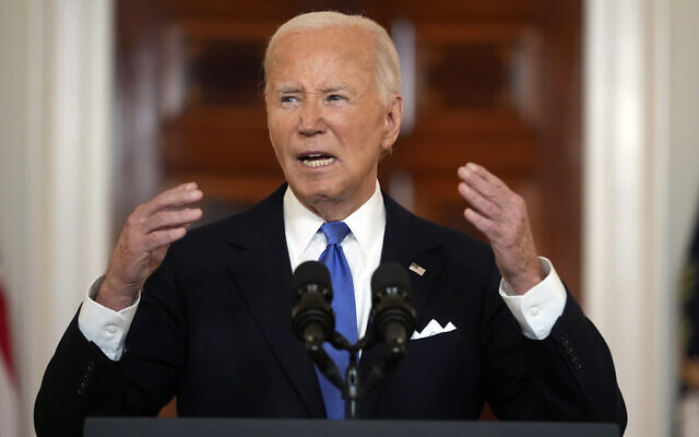 US President Joe Biden speaks in the Cross Hall of the White House, July 1, 2024, in Washington. (AP Photo/Jacquelyn Martin)