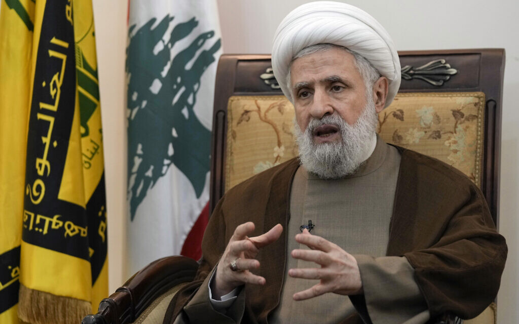 Hezbollah deputy leader Sheik Naim Kassem, speaks during an interview with The Associated Press in Beirut's southern suburbs, Lebanon, Tuesday, July 2, 2024. (AP/Bilal Hussein)