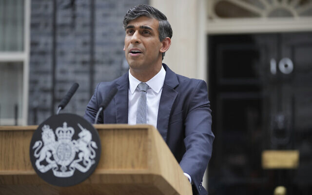 Britain's outgoing Conservative Party Prime Minister Rishi Sunak speaking outside 10 Downing Street before going to see King Charles III to tender his resignation in London, July 5, 2024. (AP Photo/Kin Cheung) Britain's outgoing Conservative Party Prime Minister Rishi Sunak speaking outside 10 Downing Street before going to see King Charles III to tender his resignation in London, July 5, 2024. (AP Photo/Kin Cheung)